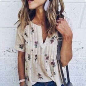 Anthropologie Maeve cream floral cotton t shirt 6